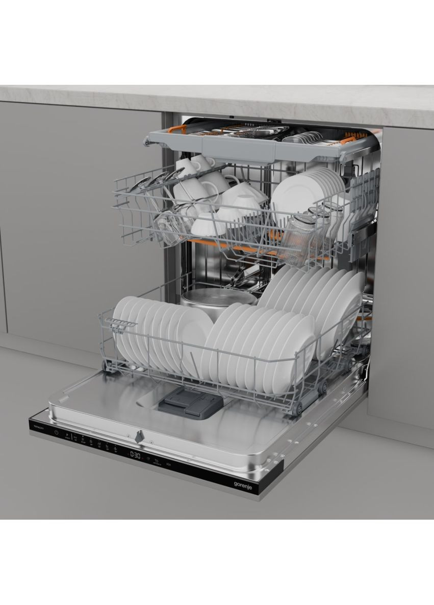 Посудомоечная машина встраиваемая, 16компл., A++, 60см, AquaStop, автоматическое открывание, сенсорн.упр, 3и корзины, белый Gorenje