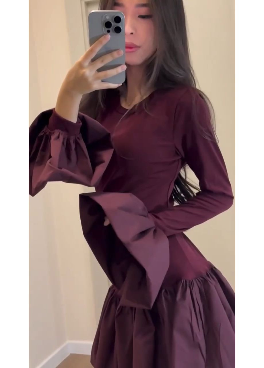 Бордова вечірня жіноча сукня міні з воланами MonCher