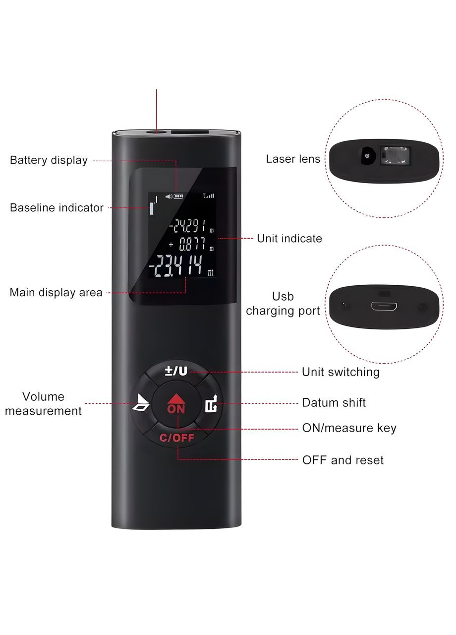 Умный лазерный дальномер 40 м - компактный цифровой измеритель с USB-зарядкой No Brand (370159649)