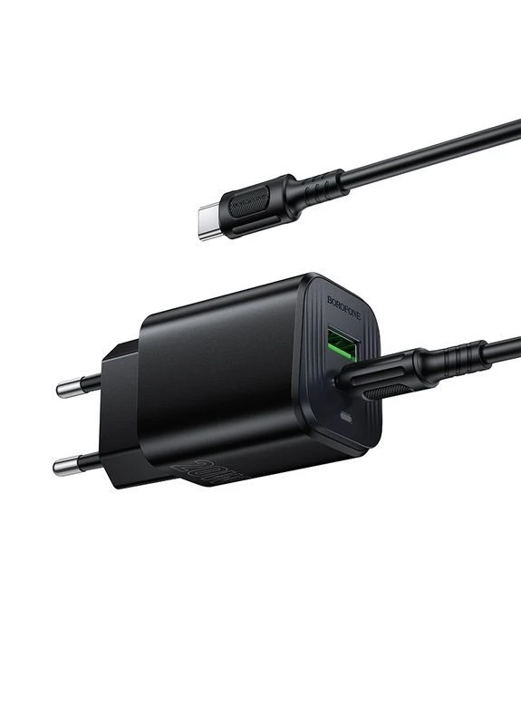 Мережевий зарядний пристрій BAS83A 20 Вт USB-C+USB-A PD/QC з кабелем Type-C чорний Borofone (403322864)