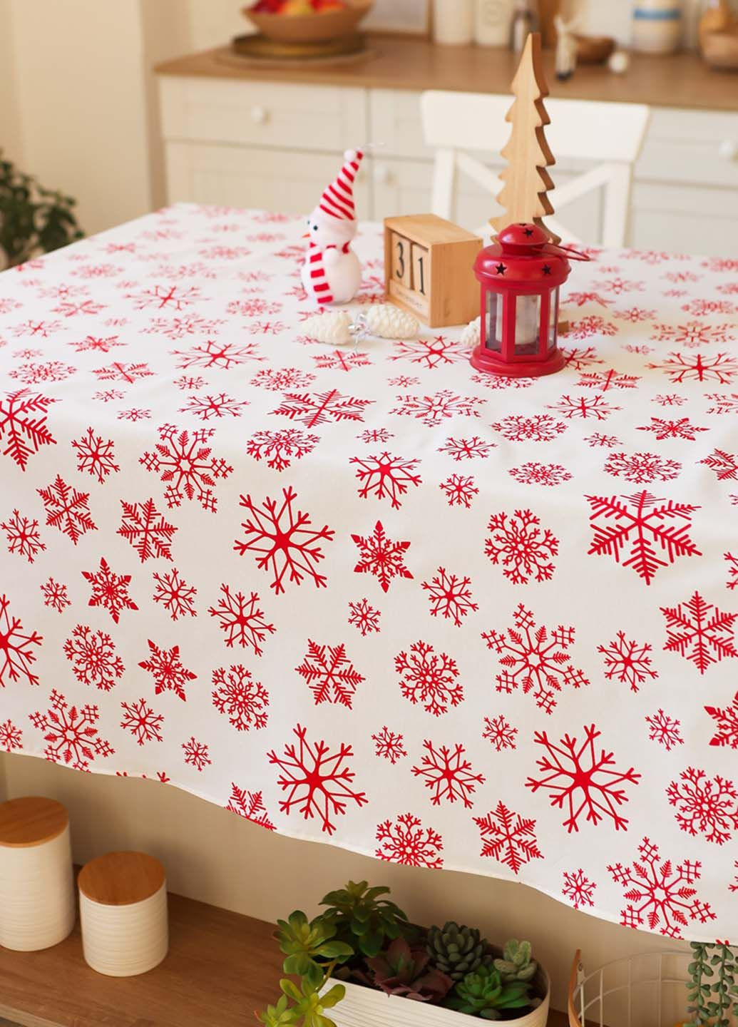 Новорічна скатертина бавовняна "Сніжинки червоні (на білому)" 1.5м х 1.5м (квадратна на круглий стіл) Homedec - (366734893)
