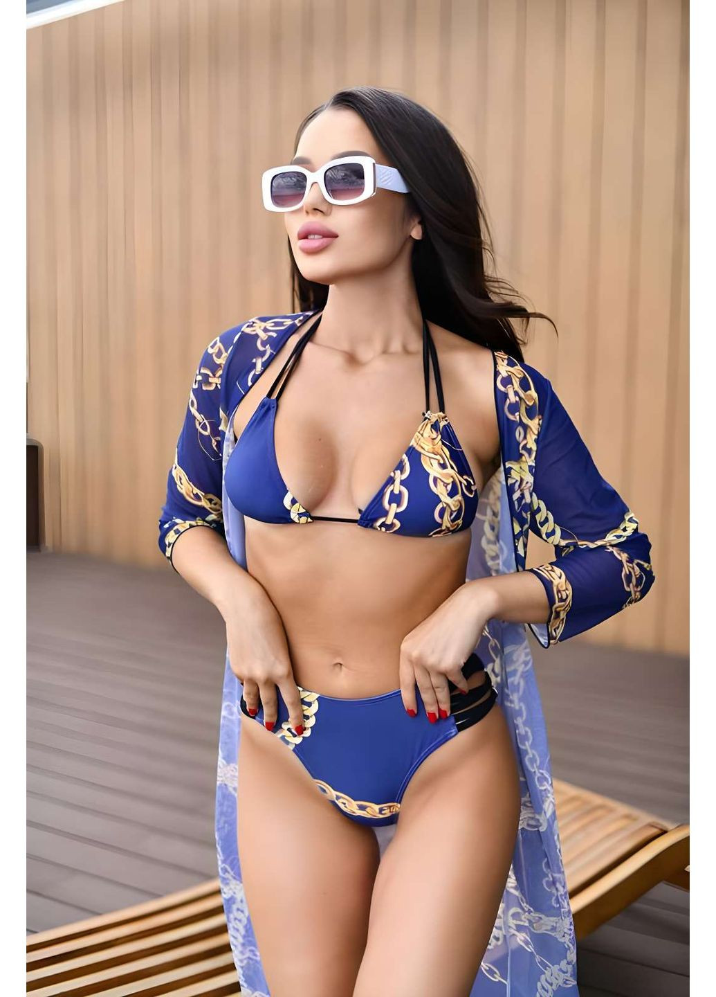 Синій літній жіночий літній комплект трійка: роздільний купальник і парео-халат роздільний No Brand