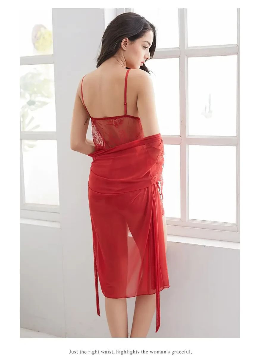 Кружевной пеньюар с халатом размер S-XL. Халат с пеньюаром прозрачный со стрингами. China (360862194)