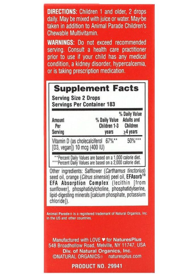 Vitamin D3 Liquid Natures Plus Vitamin D3 Liquid Drops Animal Parade 10ml Orange Nature's Plus (359473352)