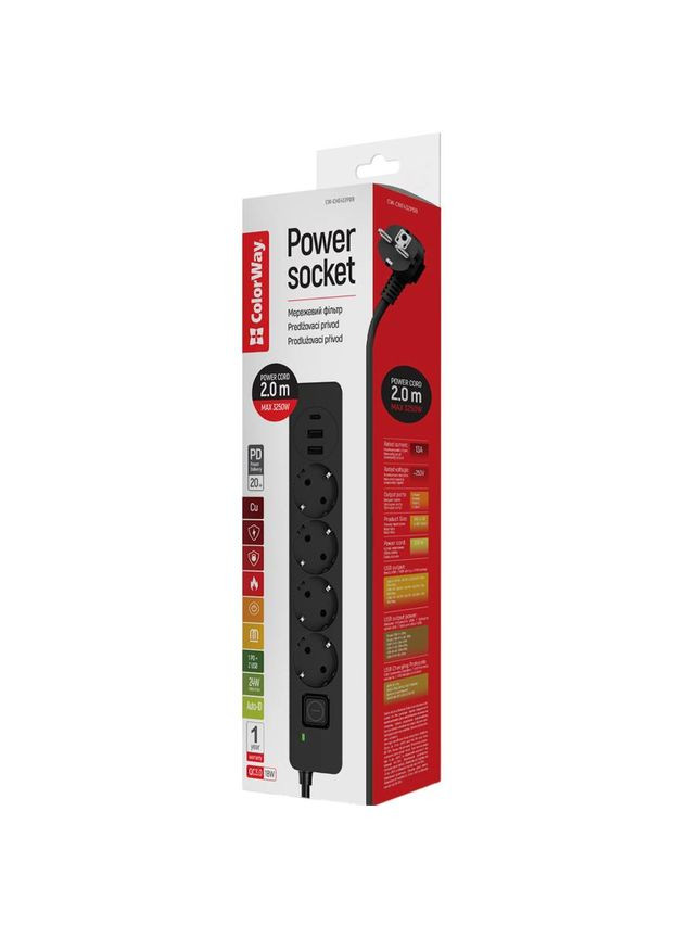 Мережевий фільтр 4 розетки + 3xUSB 2м 10A 3x0.75мм2 Black (CW-CHE432PDB) Colorway (306581677)