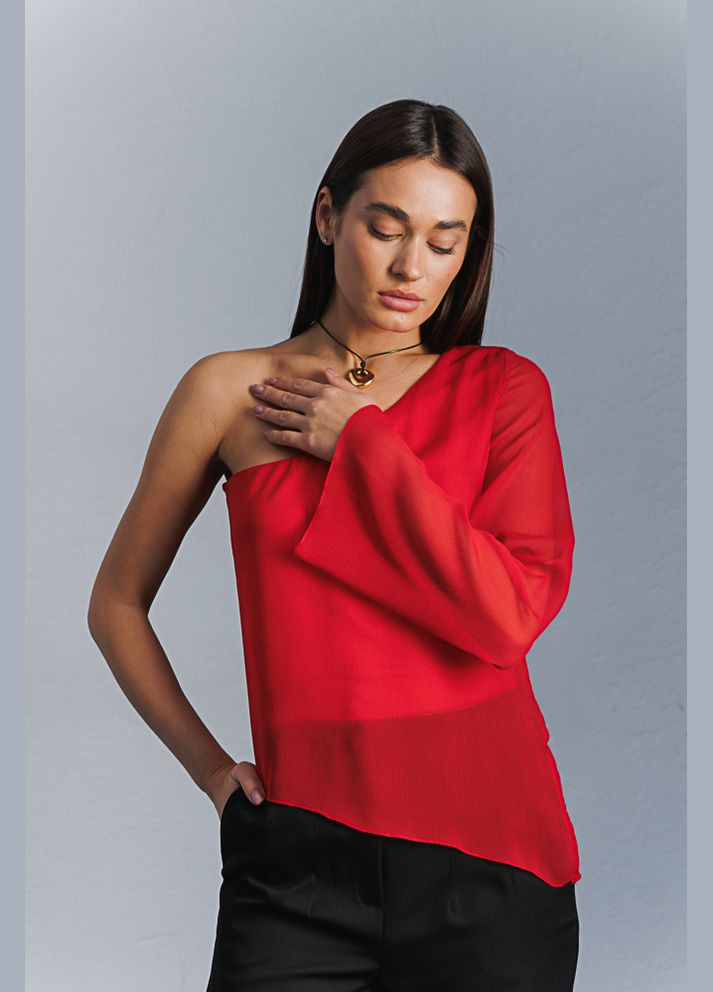 Червона блуза шифонова з рукавом на одне плече молочна Arjen