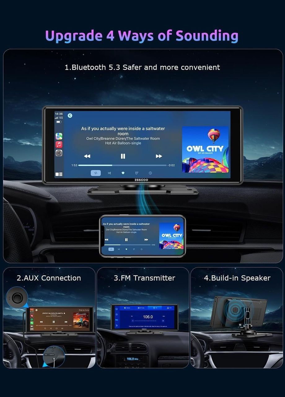 Автомобильный экран ESSGOO 10,26" монитор с CarPlay и Android Auto, дисплей з голосовым помощником, AUX, FM No Brand (342113115)