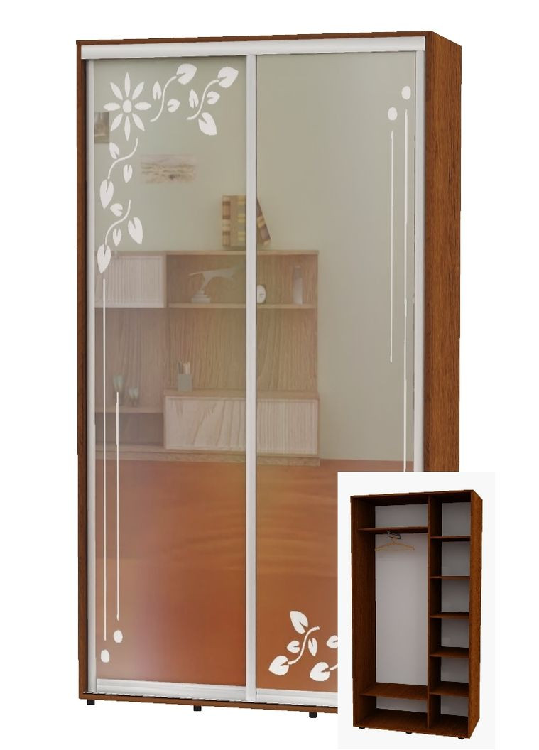 Шафа-купе дводверна 130*45*220 Горіх лісовий Дзеркало з піскострумним малюнком Алекса (360448563)