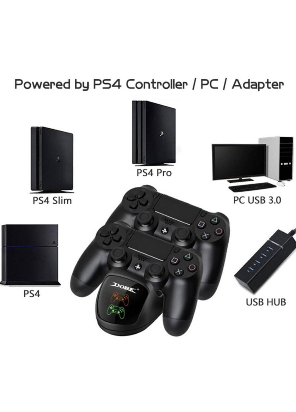 Зарядная док станция для DualShock 4 PS4 на 2 геймпада с LED подсветкой Черный DOBE (317585058)