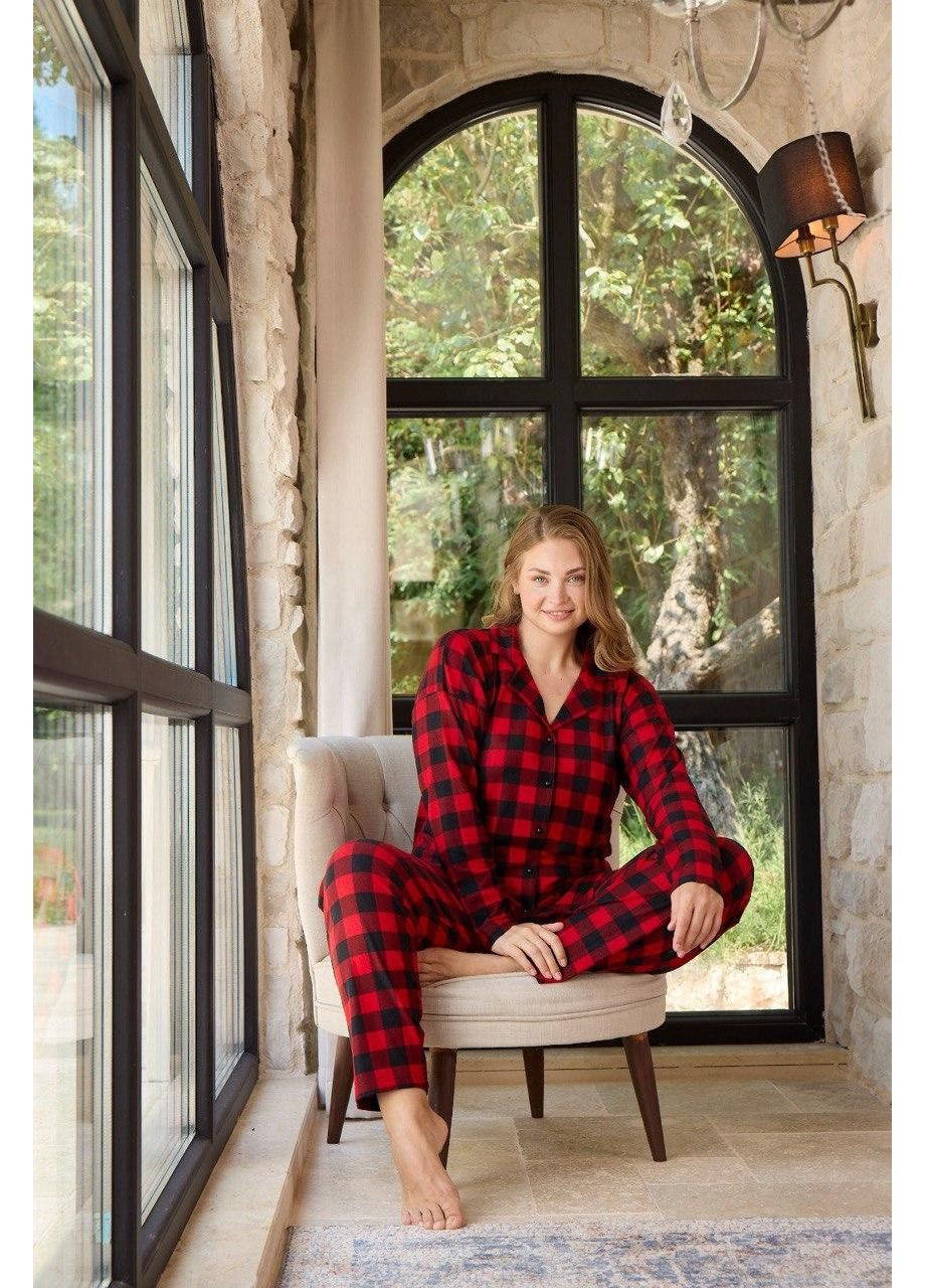 Красная зимняя женская теплая пижама из микробайка в клетку кофта + брюки Leyla