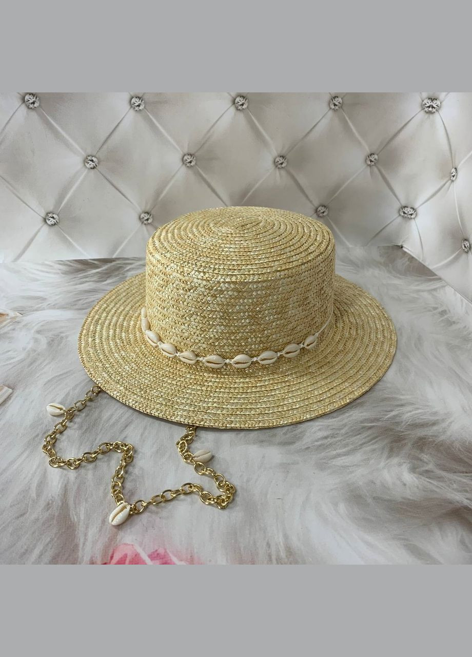 Літній солом'яний капелюх канотьє з ланцюгом та мушлями PALMA (поля 7 см, золото) No Brand (293943136)