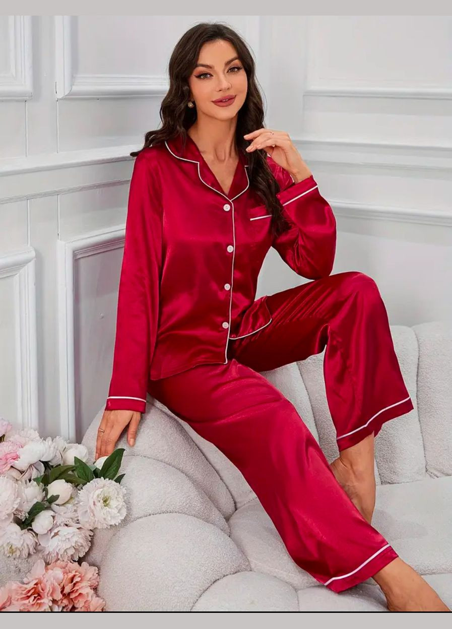 Красная всесезон шелковая женская черная пижама с белым кантом (рубашка + штаны) рубашка + брюки GorLin