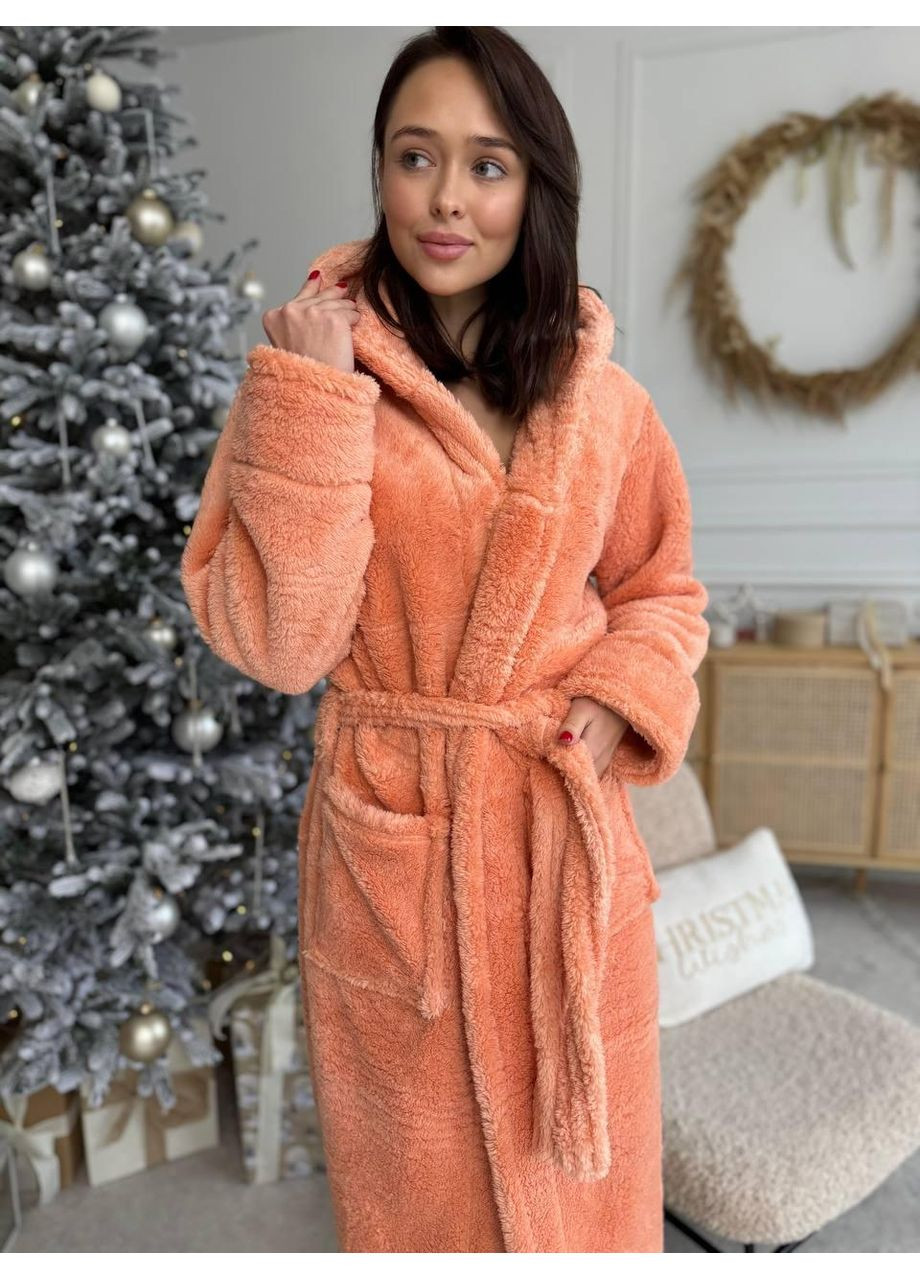 Махровий халат з капюшоном і кишенями / Теплий махровий халат жіночий персиковий / Домашній халат махровий No Brand (366571742)