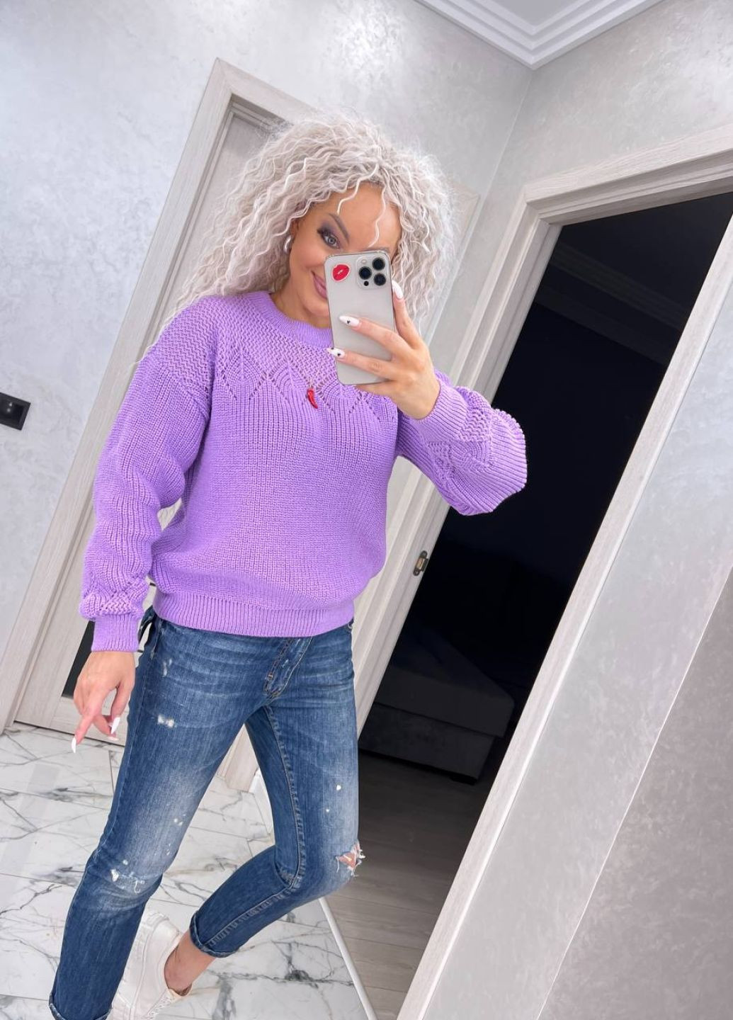 Сиреневый демисезонный шерстяной свитер свободного кроя Tik-Tak