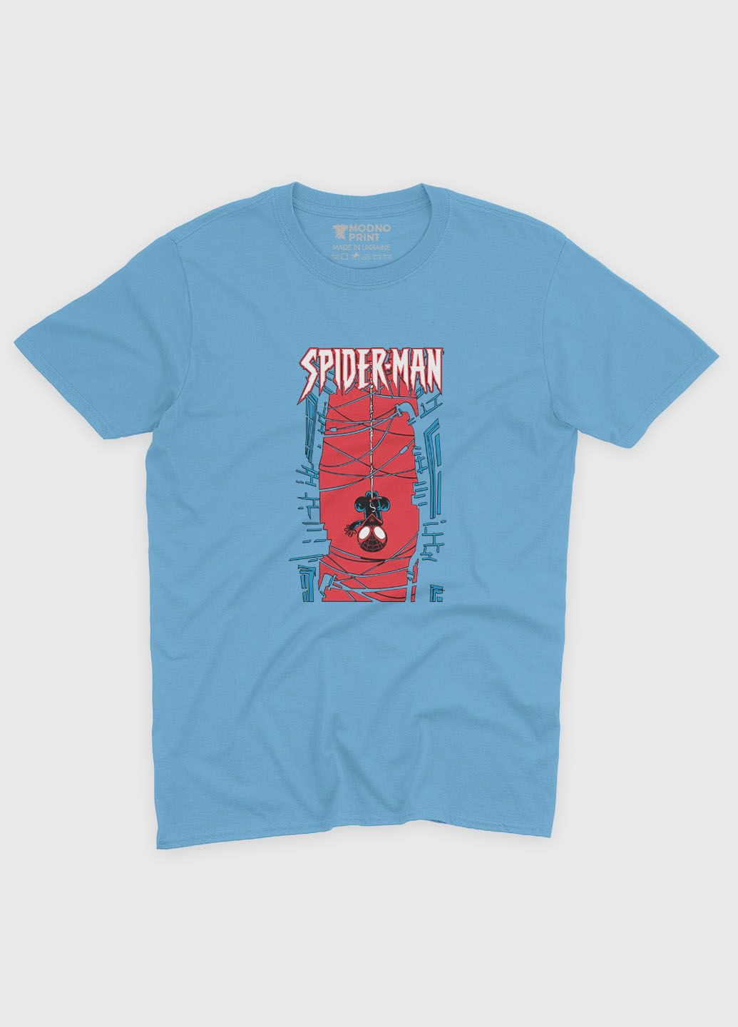 Голубая демисезонная футболка для мальчика с принтом супергероя - человек-паук (ts001-1-lbl-006-014-033-b) Modno