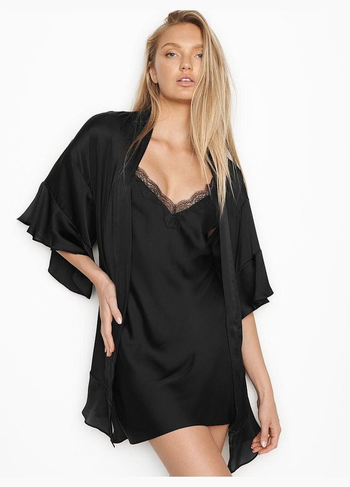 Жіночий сатиновий халат Satin Flounce Robe M/L чорний Victoria's Secret (282964572)
