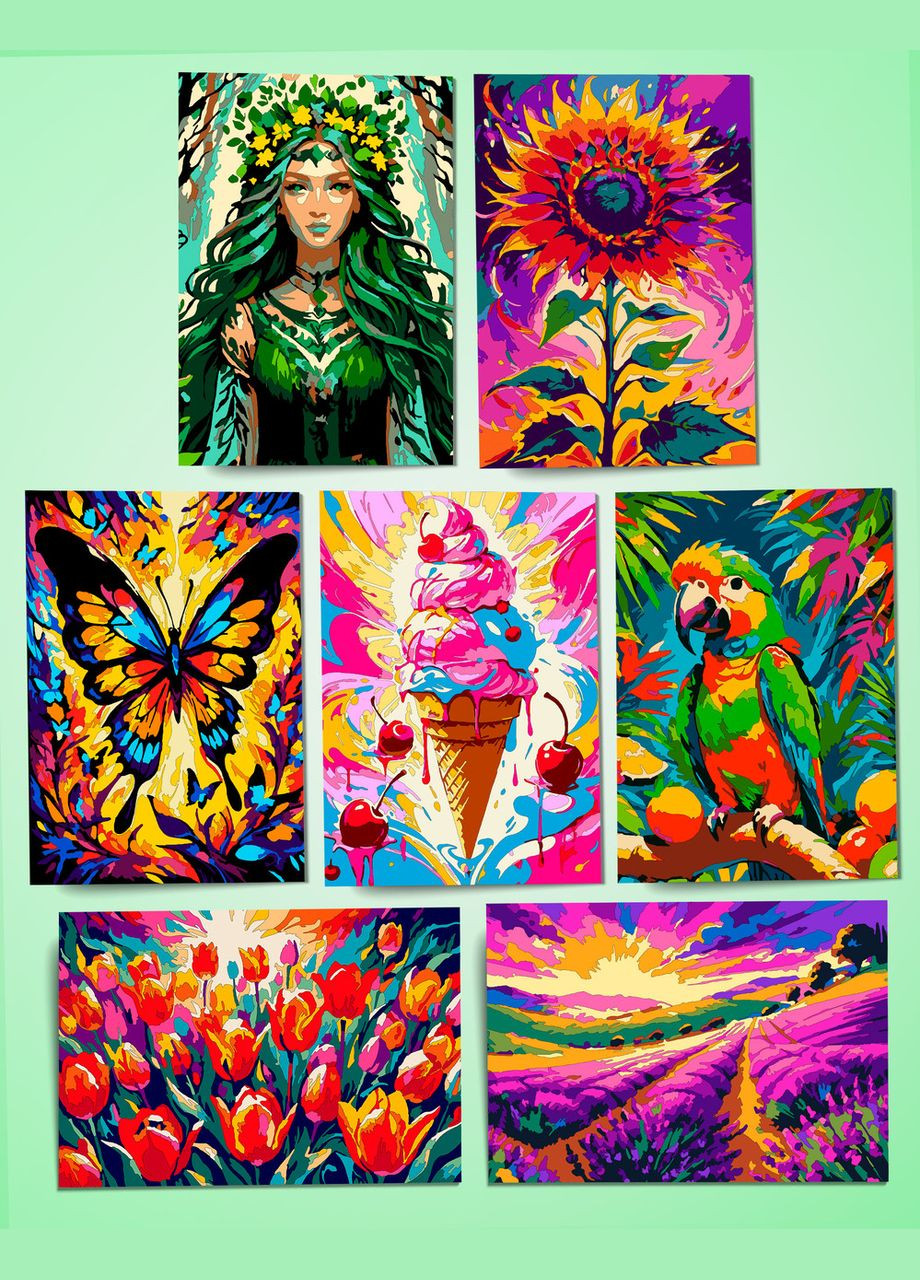 Творчий набір розмальовки антистрес для дорослих та дітей, за цифрами для малювання олівцями, маркерами, фарбами 7 шт No Brand (331163197)