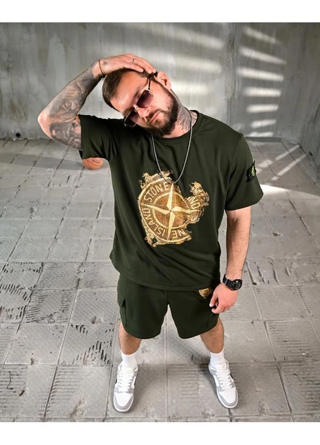 Стильный мужской костюм хаки шорты и футболка Stone Island (398632833)