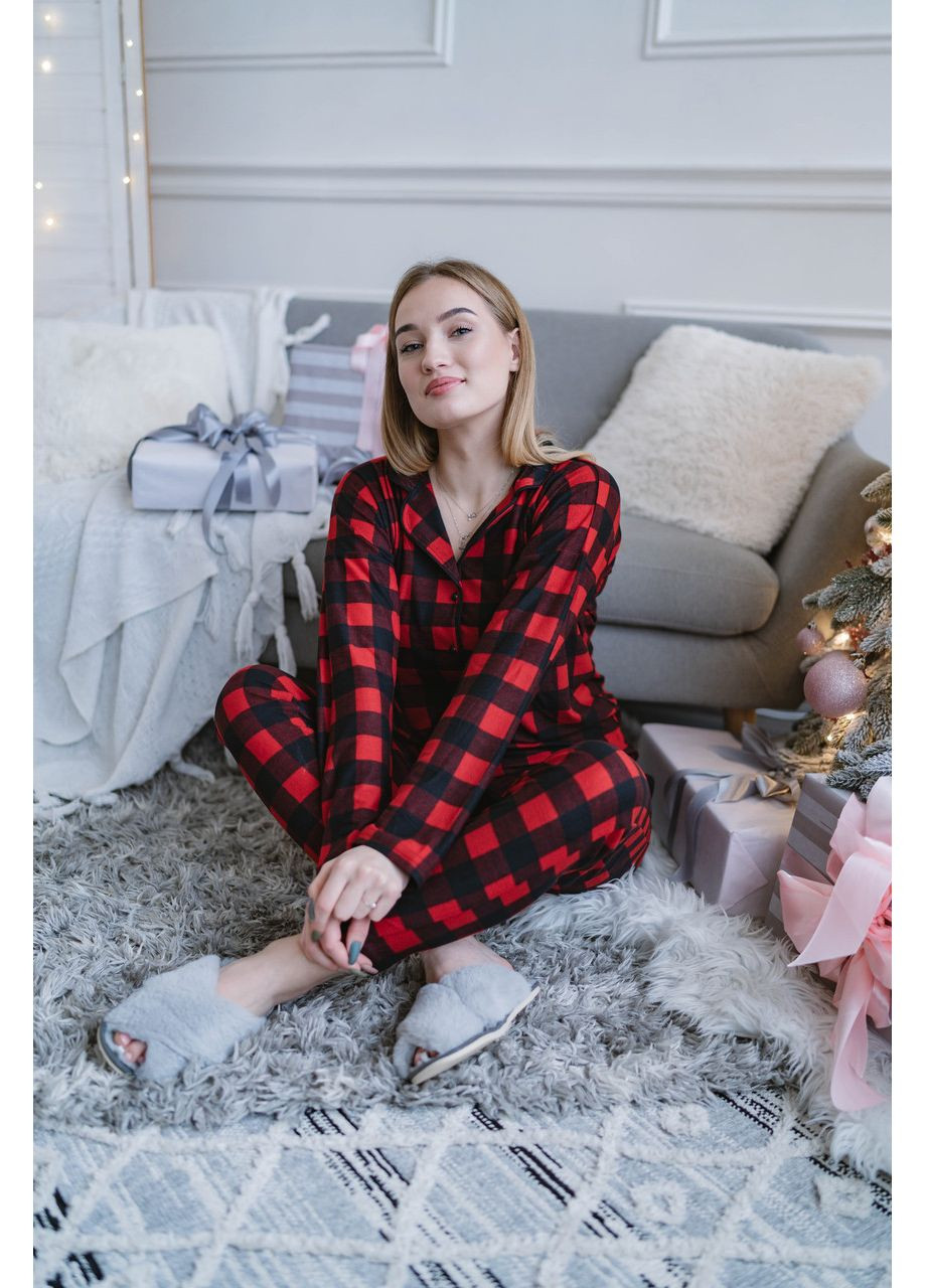 Красная всесезон утепленная пижама женская на пуговицах свободного кроя штаны + рубашка на длинный рукав ( красная клетка ) кофта + брюки Pijamoni