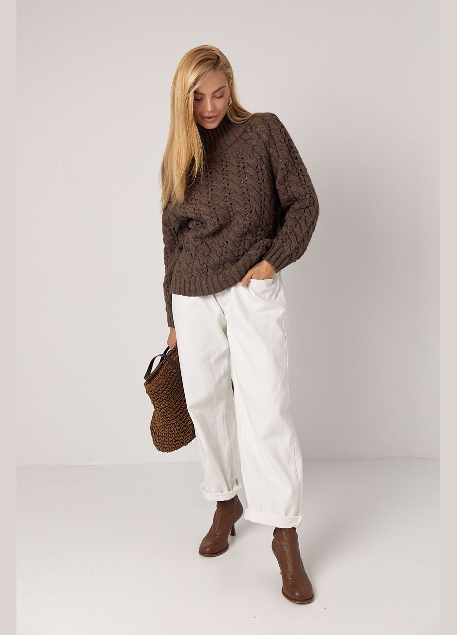 Коричневый зимний вязаный свитер женский с ажурными узорами - голубой Lurex