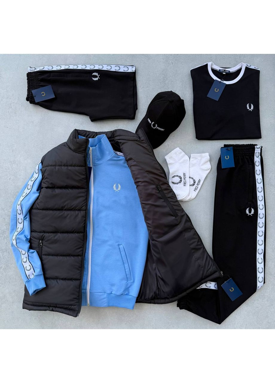 Набор 8в1 Fred Perry лампас: жилет-кофта-штаны-футболка черная-шорты-кепка- 2 пары носков No Brand (359912770)