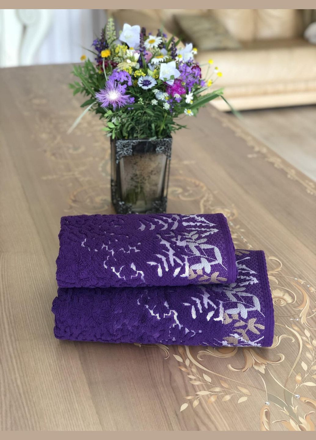 Катруся полотенце махровое 50х90 жаккардовое лесная сказка однотонный фиолетовый производство - Украина
