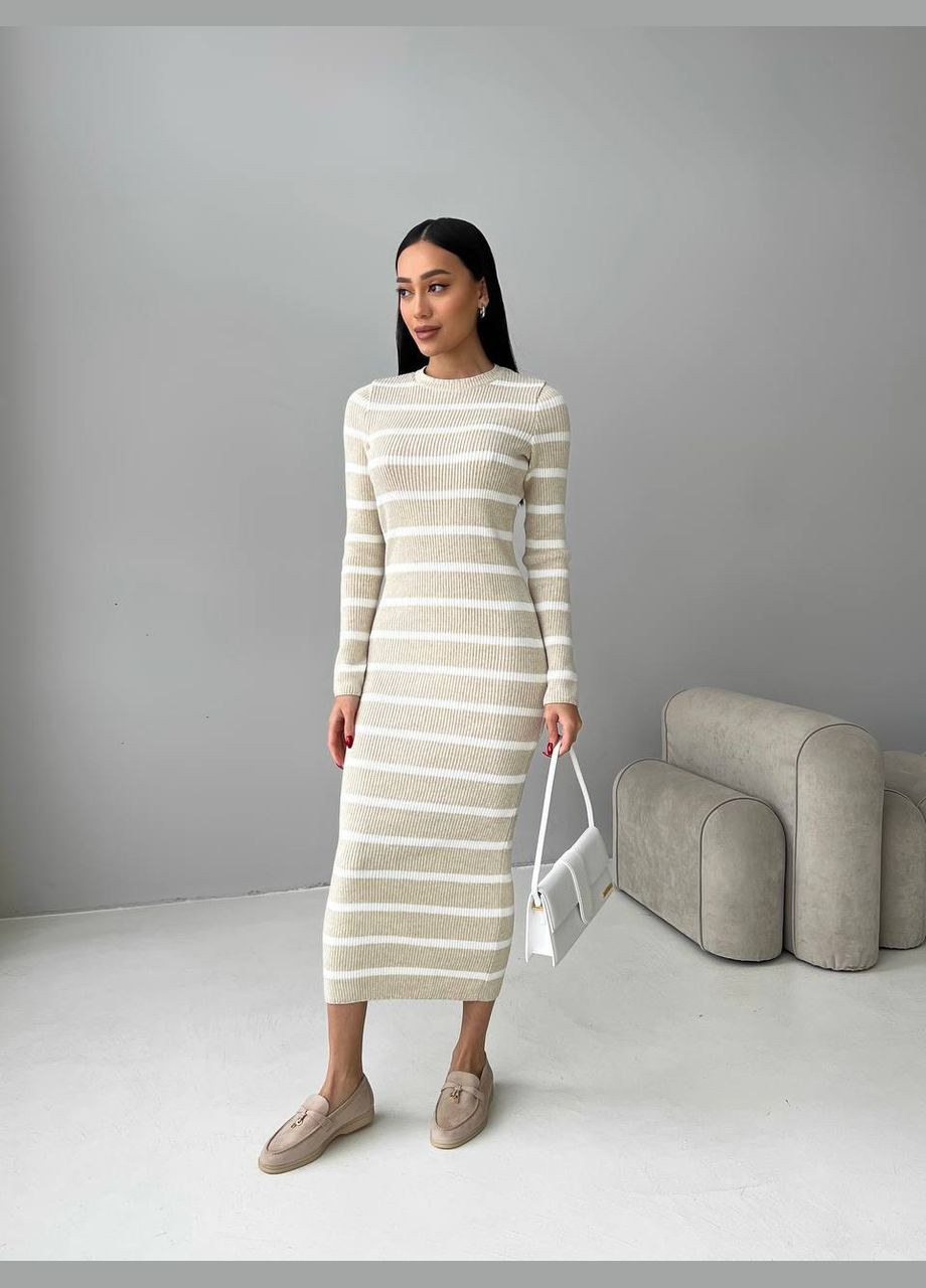 Бежевое женское платье миди в полоску цвет светлый беж-белый р.42/46 449396 New Trend