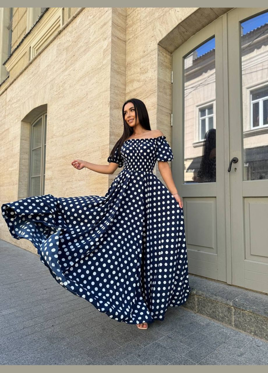 Темно-синя повсякденний, вечірня, кежуал жіноча сукня з відкритими плечима Style Point з квітковим принтом