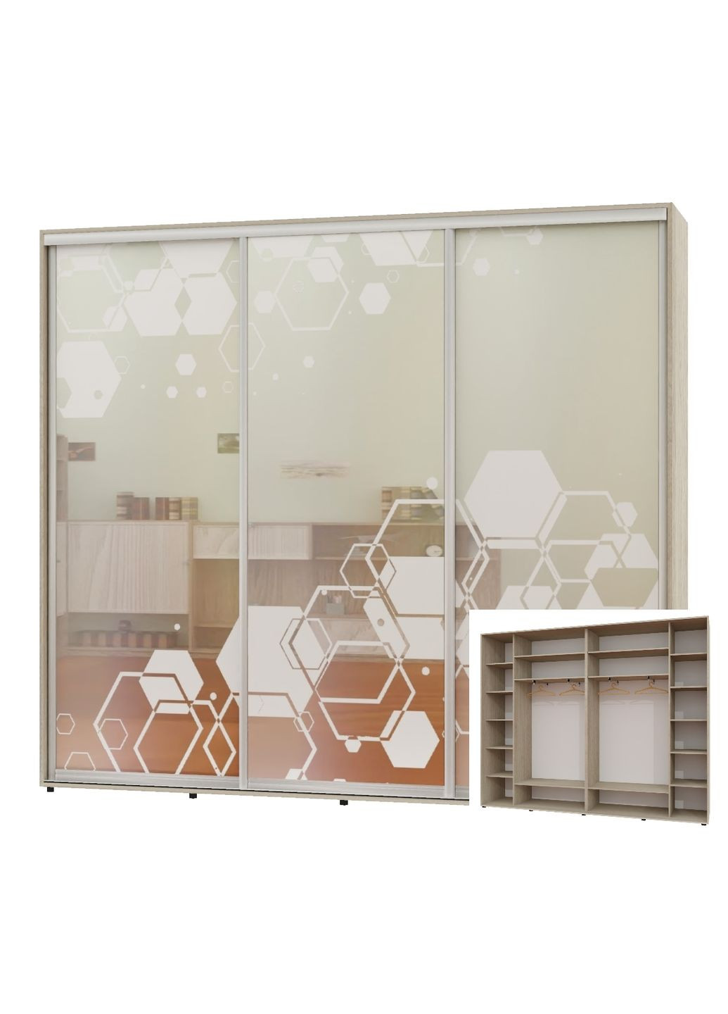 Шафа-купе тридверна 300*45*250 Дуб Шамони світлий Дзеркало з піскострумним малюнком Люкс-149 Алекса (360430016)