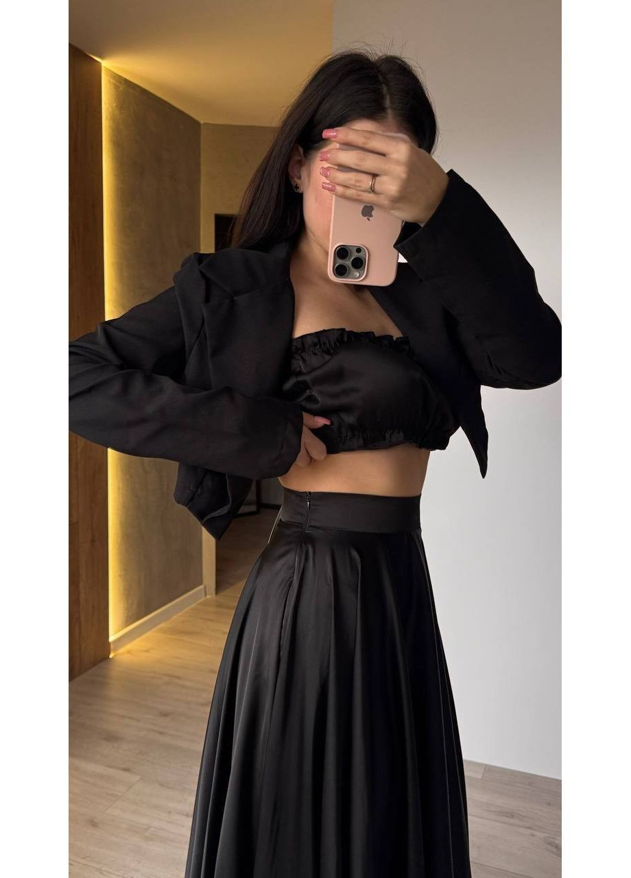 Черная повседневная однотонная женская длинная шелковая юбка KaraMix