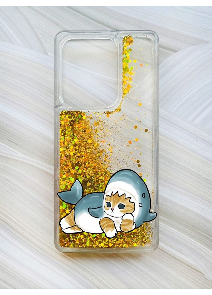 Чохол з плаваючими блискітками на Xiaomi Redmi 13C / Poco C65 Золотистий:: Котик акула (принт 355) Creative (360684001)