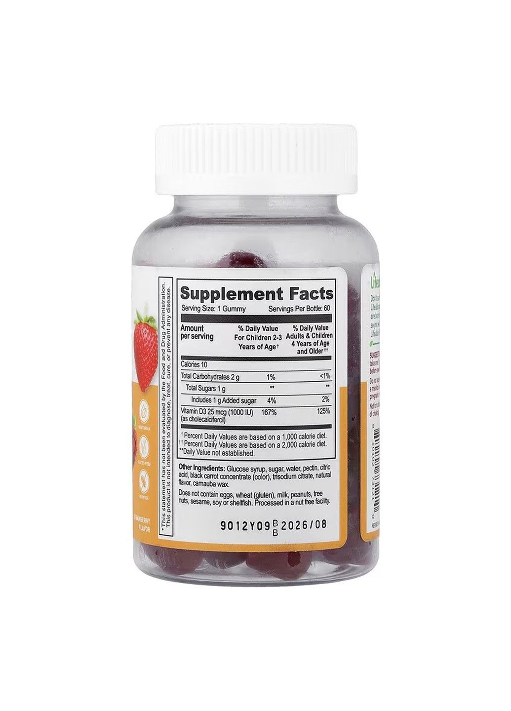 Vitamin D Kids, жувальні таблетки з вітаміном D3 для дітей,25 мкг (1000 МО), 60 жувальних таблеток Lifeable (370162500)