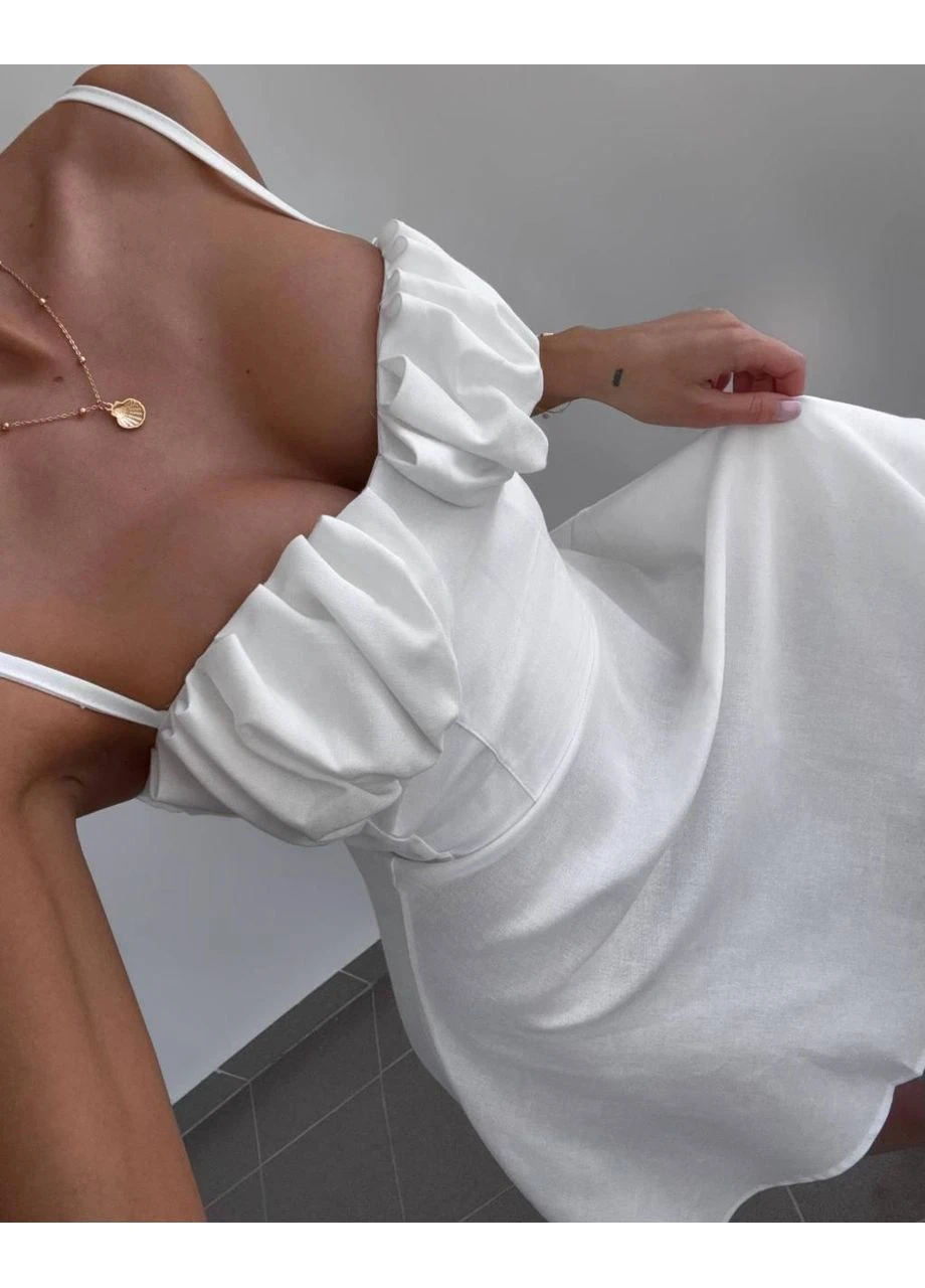Молочное женское платье короткое лен No Brand