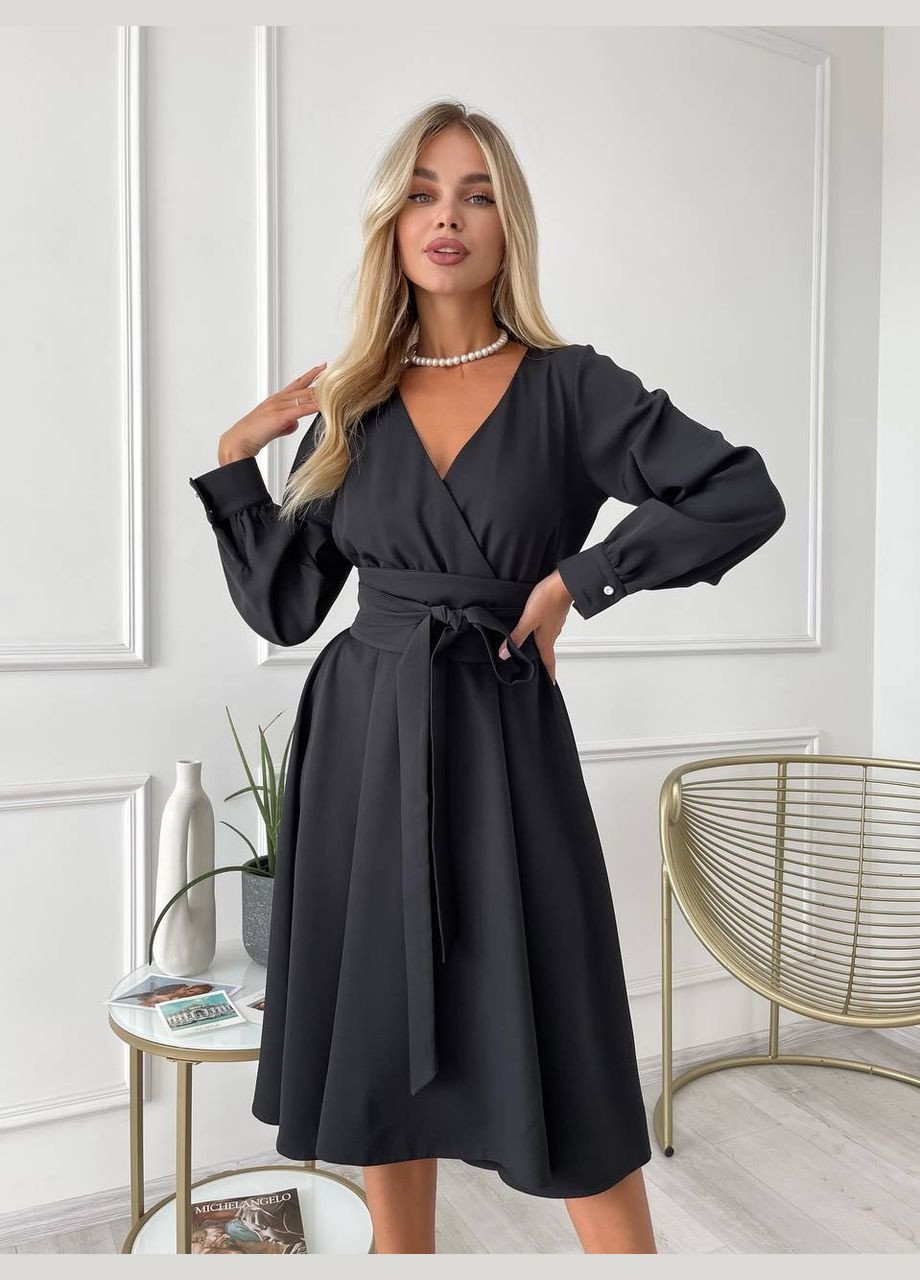 Чорна сукня міді з поясом, чорного кольору 24226 Fashion