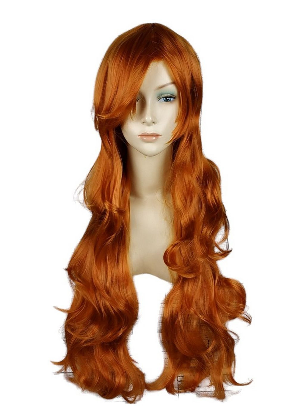 Перука руда мідна помаранчева довга хвиляста з довгим чубчиком жіноча для жінок 80см зі штучного волосся No Brand 3498 (298685948)