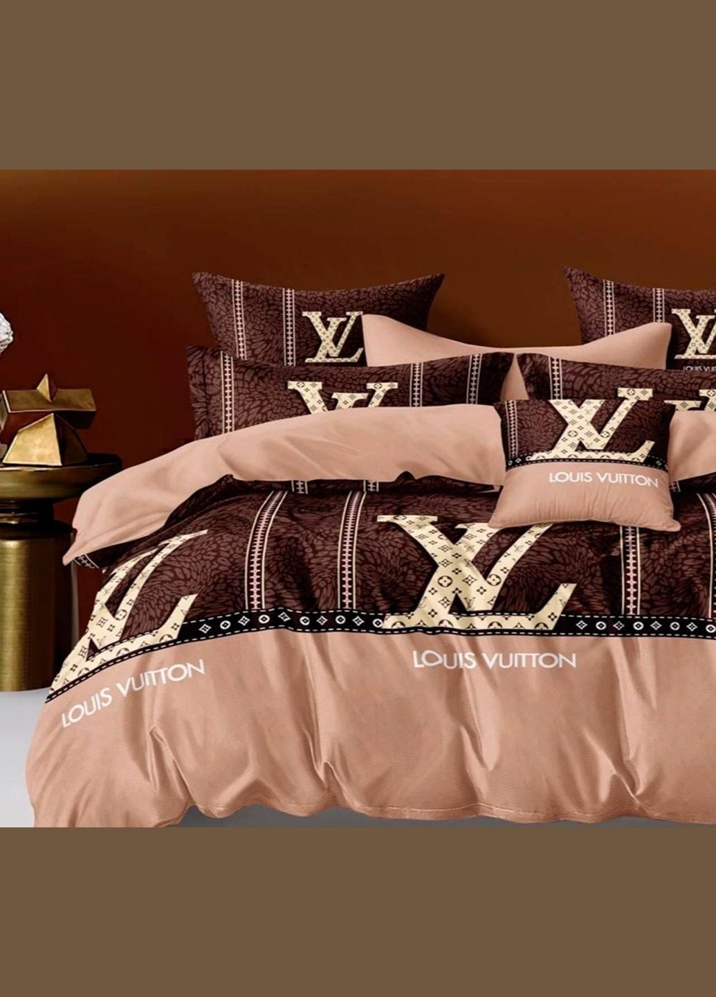 Постільна білизна бавовняна Луівітон Двоспальна Простирадло на гумці 180x200х20 Бязь Коричнева 70 х 70 No Brand (322706932)