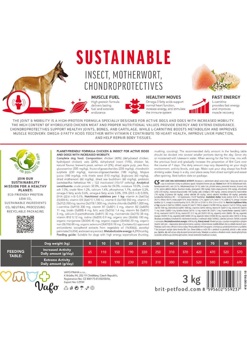 Корм для собак з підвищеною активністю Dog Sustainable Activity з куркою та комахами 3 кг (8595602559237) Brit Care (316226805)