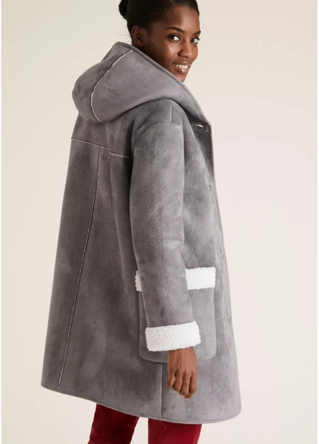 Серое зимнее Женское пальто из искусственной дубленки М&S (57870) ХS Серое M&S