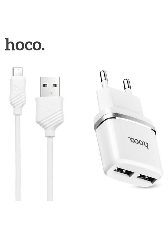 Блок живлення 2 USBпорти + Юсб кабель micro C12 набір білий 6957531047773 Hoco (279553723)