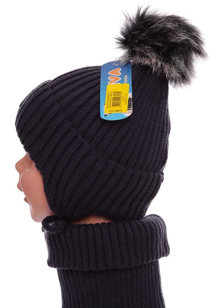 Шапка з хомутом для хлопчика в'язка на флісі з емблемою собаки синій джинс 3г+ (51887) BABYKROHA (337706266)