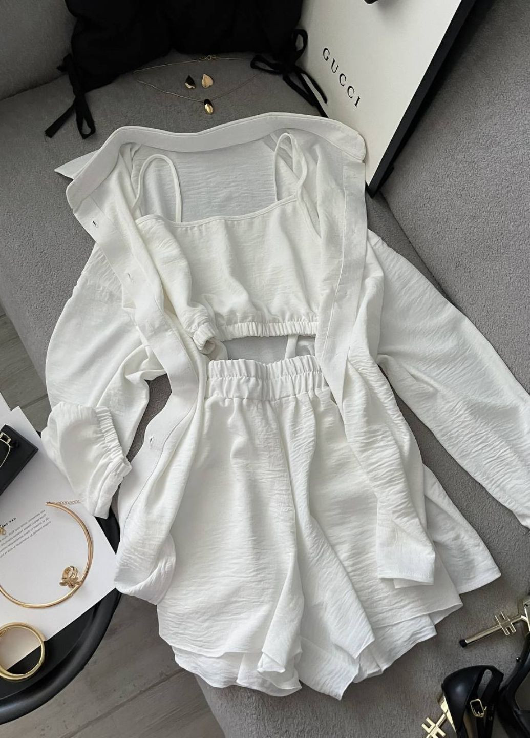 Изысканный легкий летний повседневный костюм тройка: рубашка+топ+шорты Allthings (344448125)