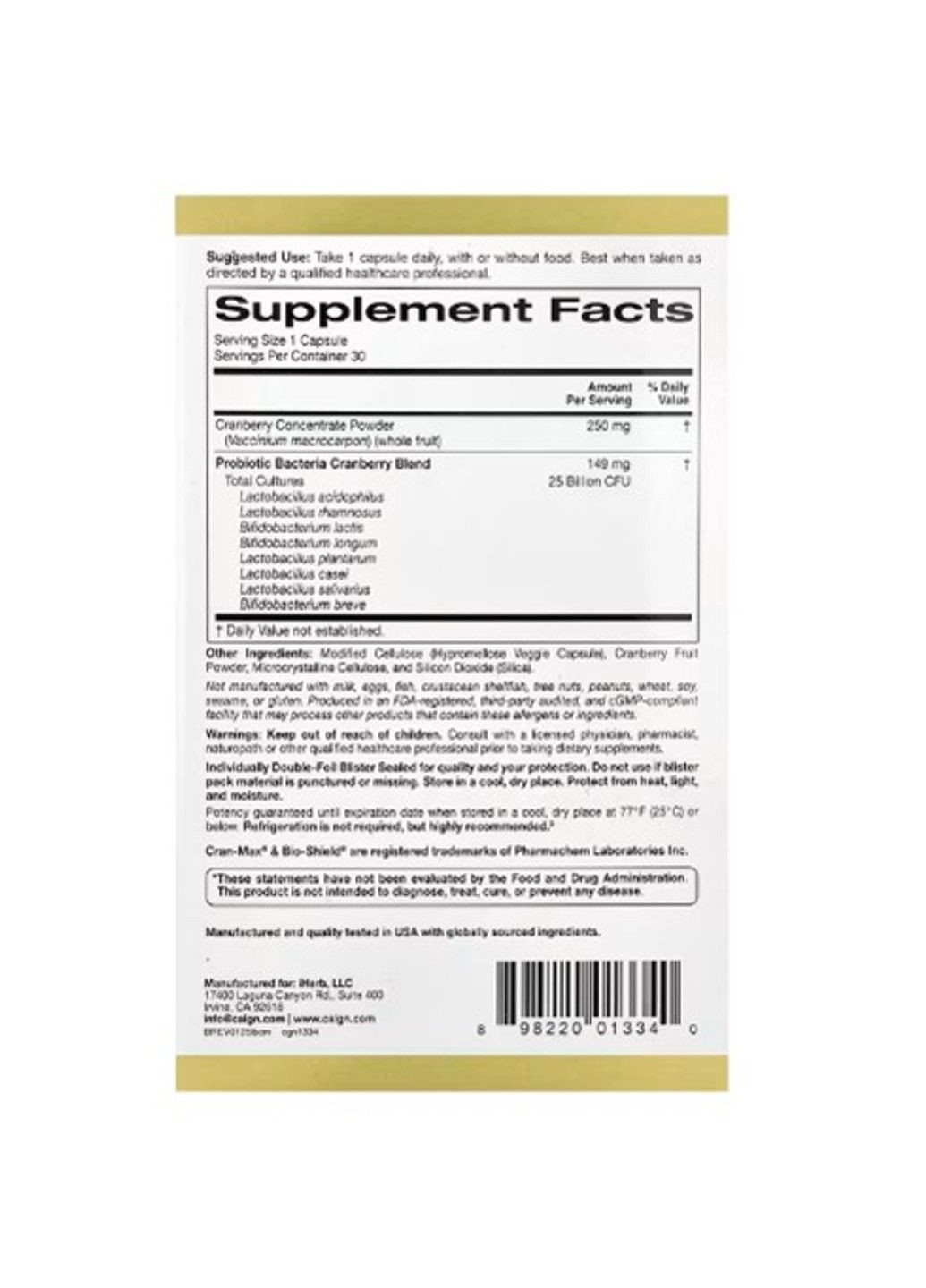 CranMax®, LactoBif®, пробіотики, 25 млрд КУО, 10 вегетаріанських капсул California Gold Nutrition (361082326)