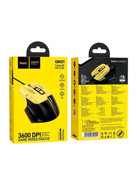 Мышь GM31 Overlord luminous gaming wired mouse Black Yellow Hoco (388141620)