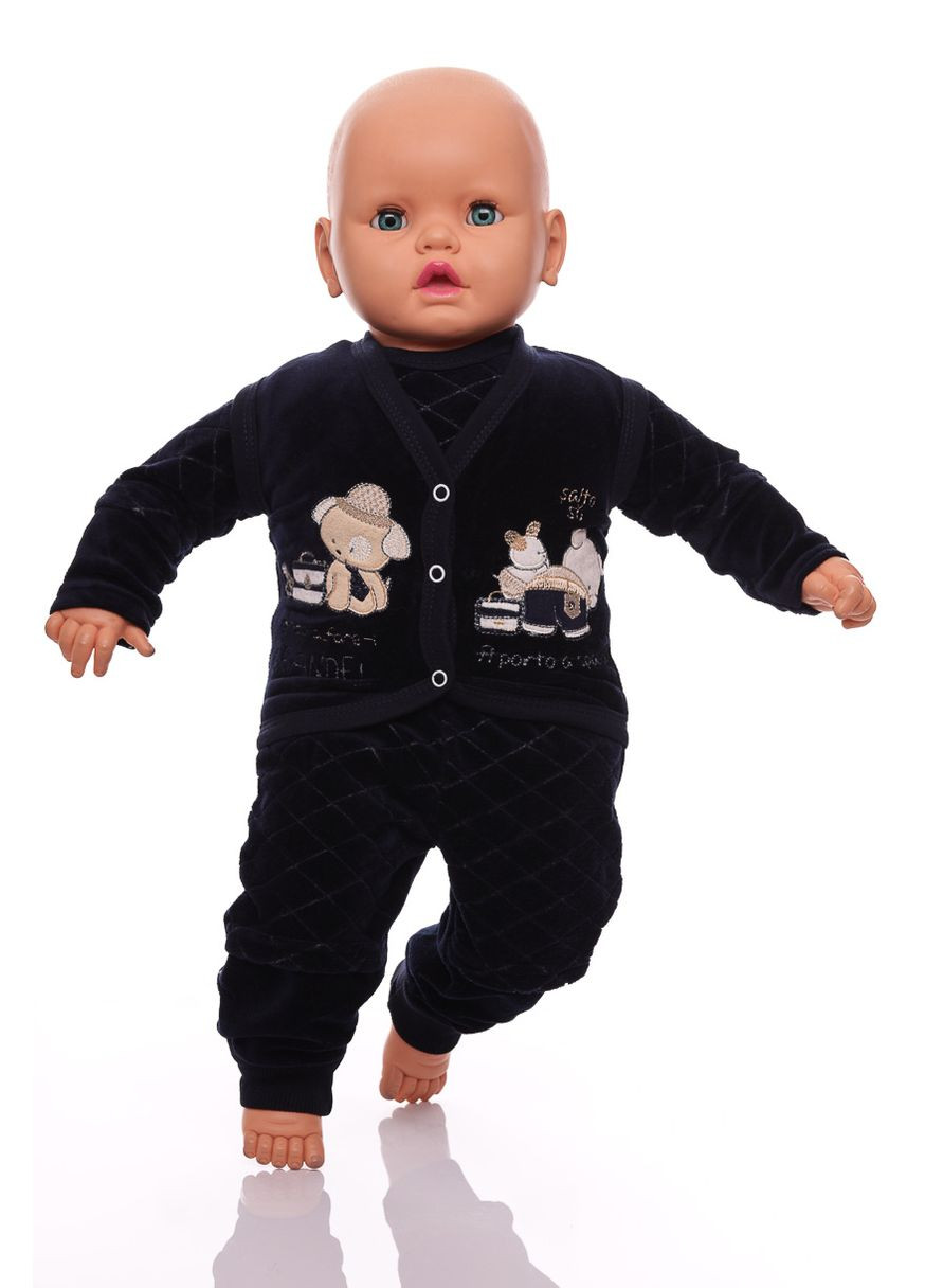 Синий зимний костюм с длинным рукавом для мальчика велюровый с песиком темно синий 62 см (30055) BABYKROHA