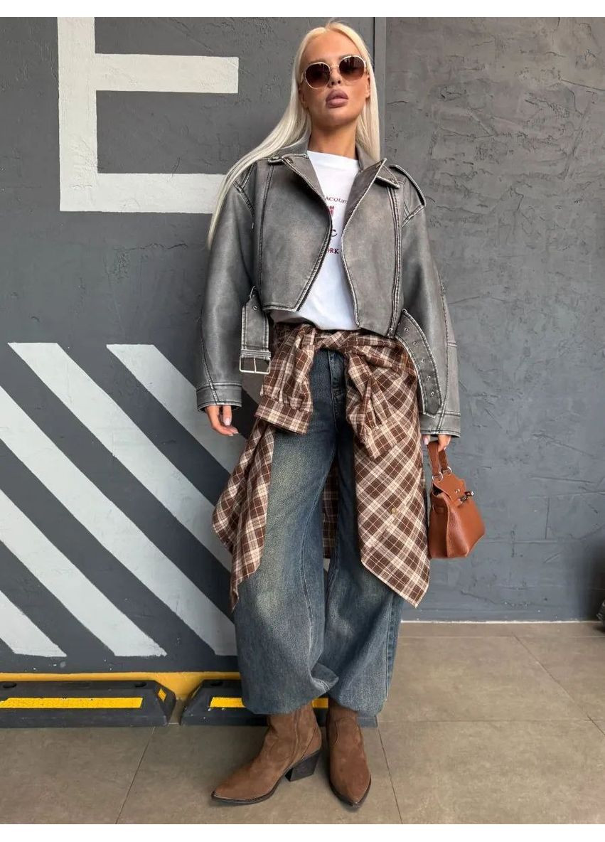 Серая демисезонная куртка косуха укороченная vintage,эко кожа Україна