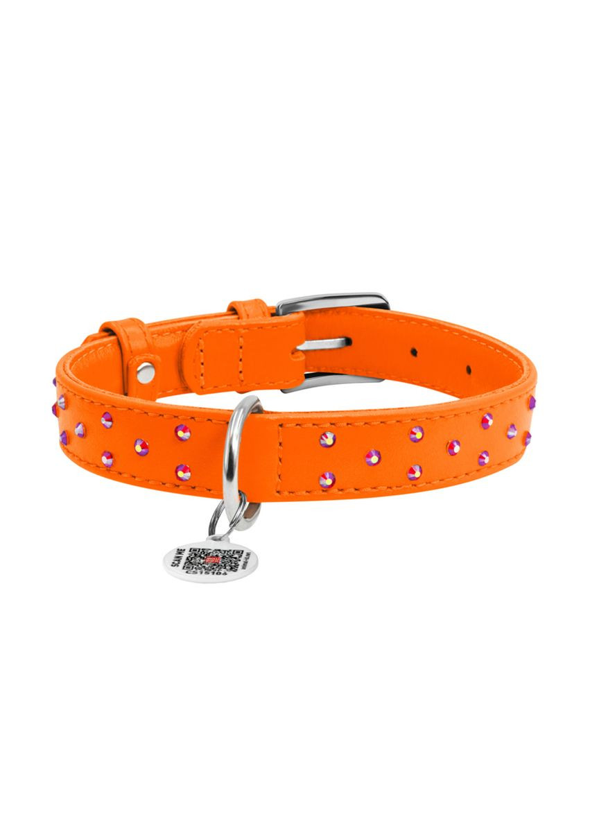 Ошейник для собак кожаный Glamour с QR паспортом, с клеевыми стразами, Ш 25 мм, Дл 38-49 см оранжевый WAUDOG (332879688)