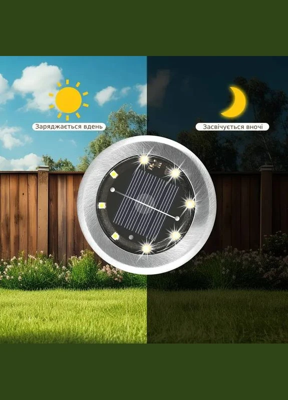 Світильник на сонячній батареї Solar Disk Light, 8 LED, точковий садовий ліхтар, діаметр 7 см, IP44, тепле світло No Brand (331754962)