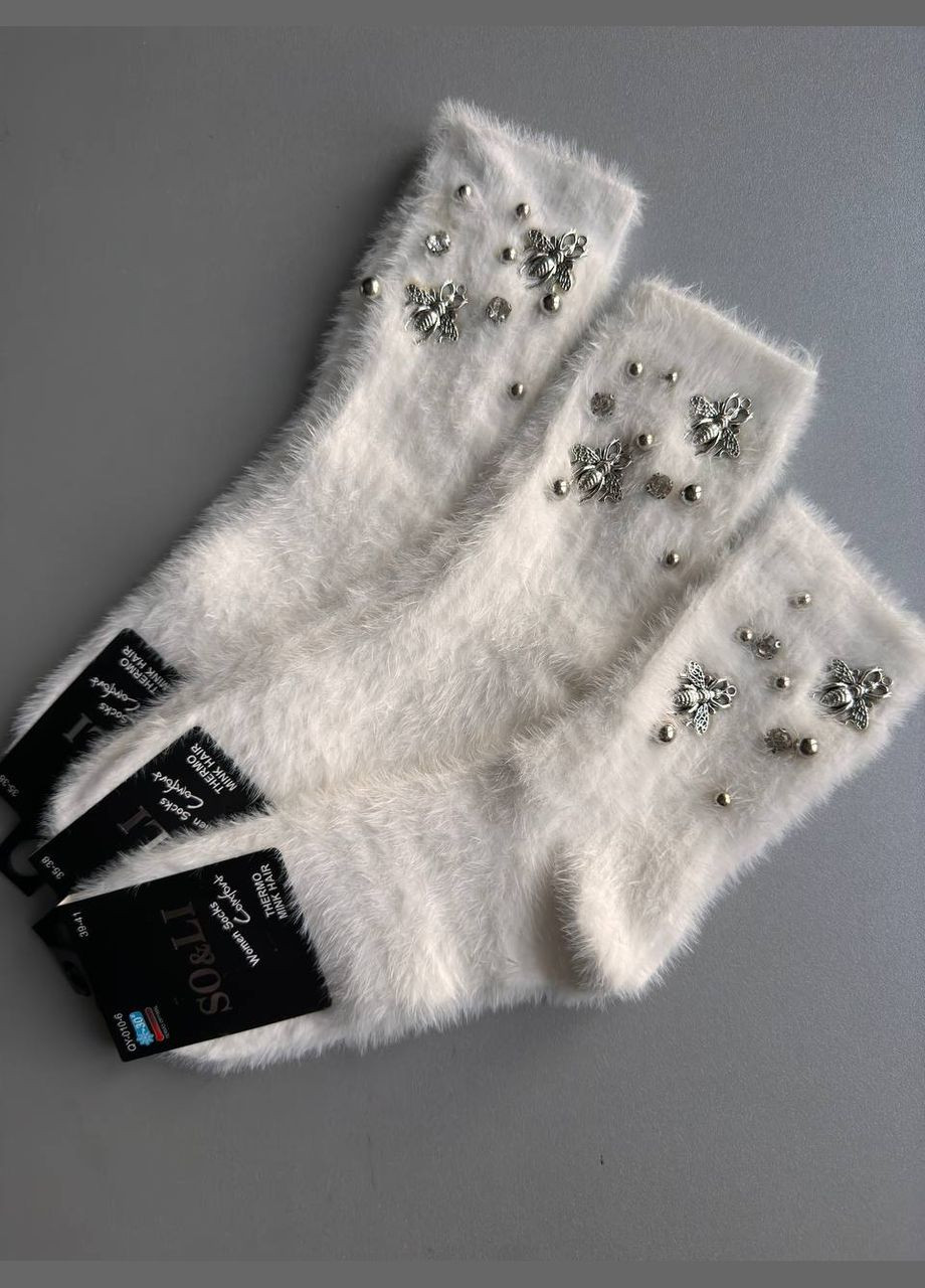 Білі 1 пара норкові пушисті теплі шкарпетки з брошками (311810457)