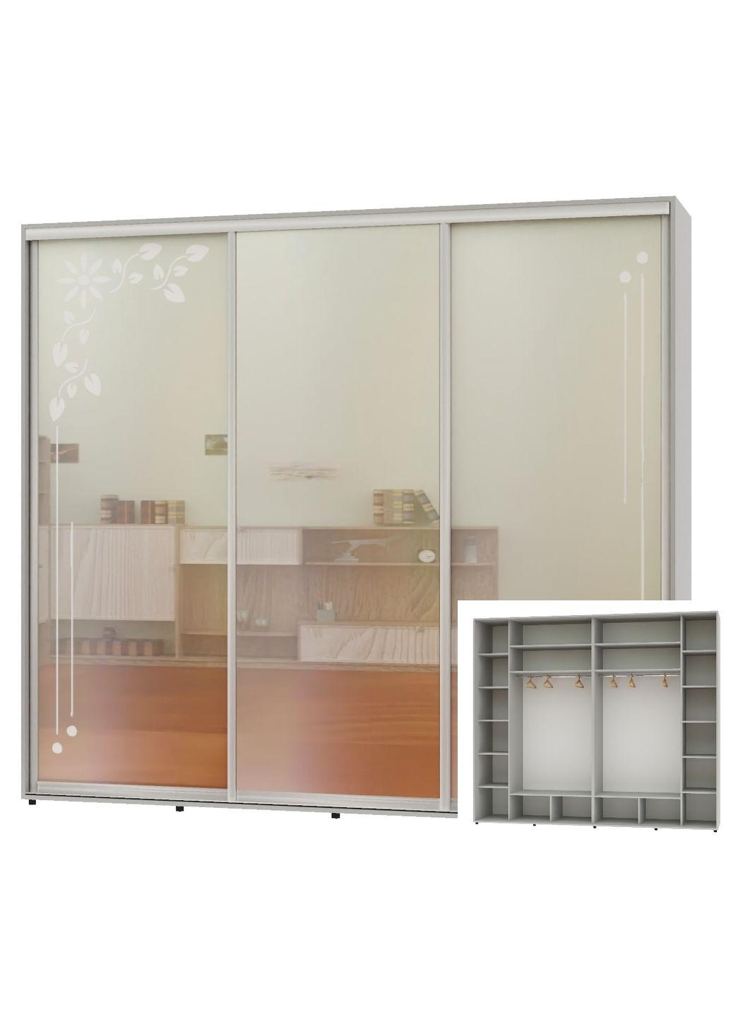 Шкаф-купе трехдверный 300*60*220 Серый 2 Зеркала с пескоструйным рисунком/Зеркало Люкс-149 Алекса (360432248)