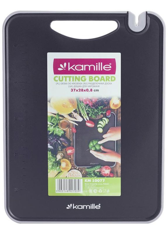 Дошка обробна з точилкою для ножів чорна пластикова 37х28см кухонна дошка для нарізки Kamille (368976966)